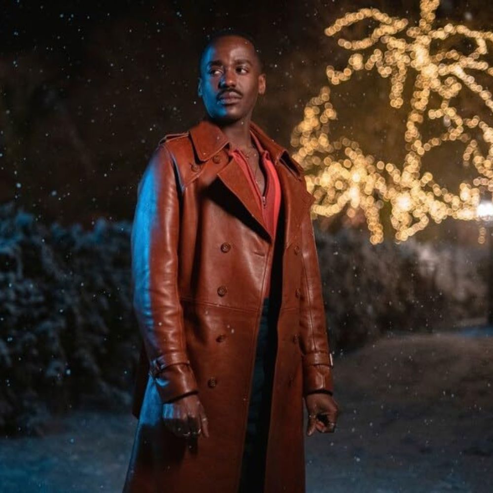 15th Doctor Coat Ncuti Gatwa Tan Brown Leather Double Breasted Trench Coat - Character Front Posture View