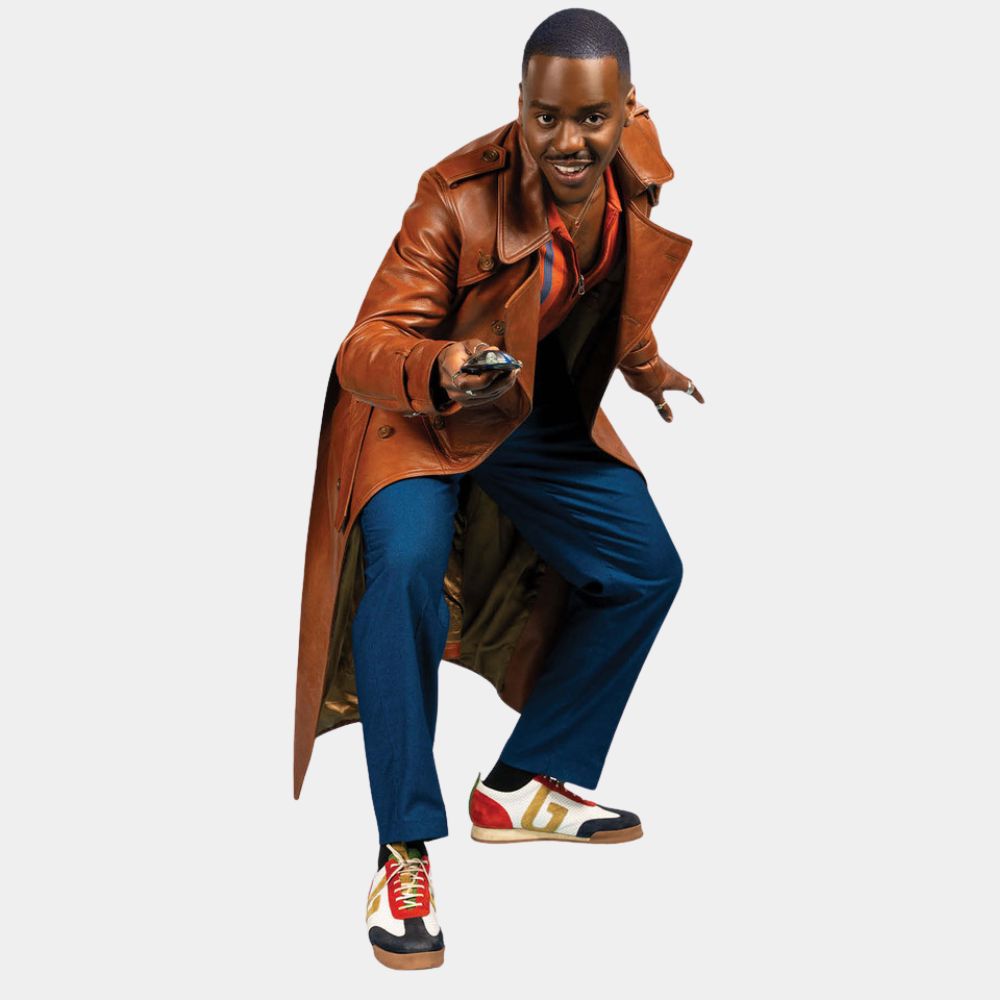 15th Doctor Coat Ncuti Gatwa Tan Brown Leather Double Breasted Trench Coat - Character Front View