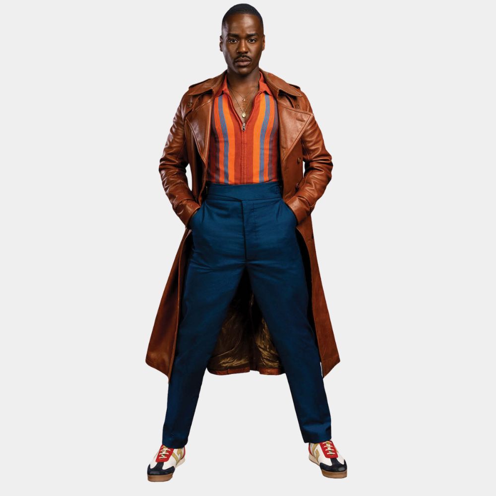 15th Doctor Coat Ncuti Gatwa Tan Brown Leather Double Breasted Trench Coat - Front View