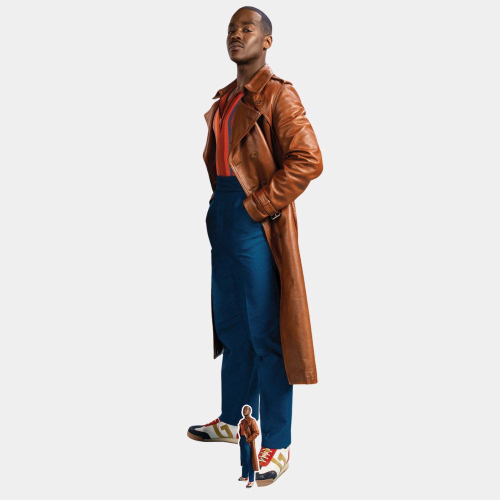 15th Doctor Coat Ncuti Gatwa Tan Brown Leather Double Breasted Trench Coat - Side View