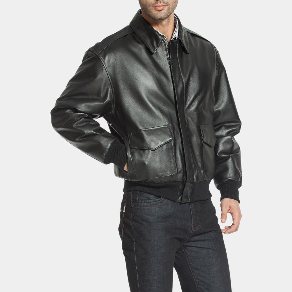 A-2 Aviator Black Aviator Real Leather Jacket - Front Posture View