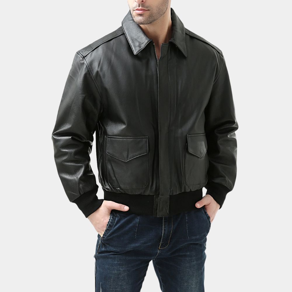 A-2 Aviator Black Aviator Real Leather Jacket - Front View