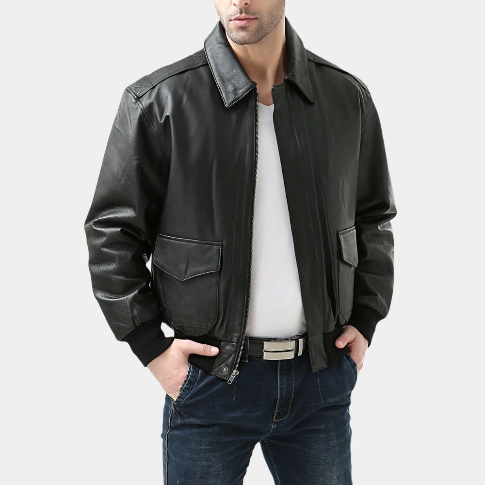 A-2 Aviator Black Aviator Real Leather Jacket - Posture Front View
