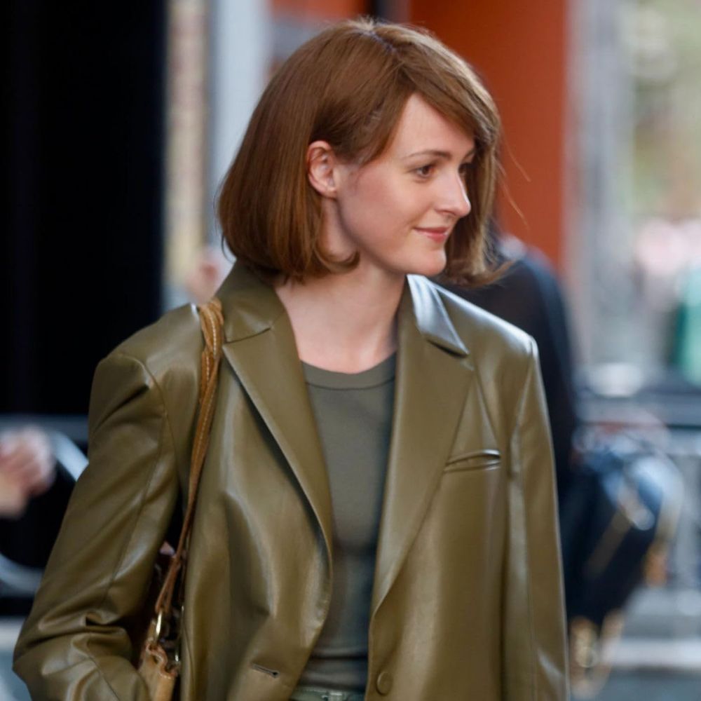 A Different Man Ingrid aka Renate Reinsve Olive Green Leather Blazer - Character View 