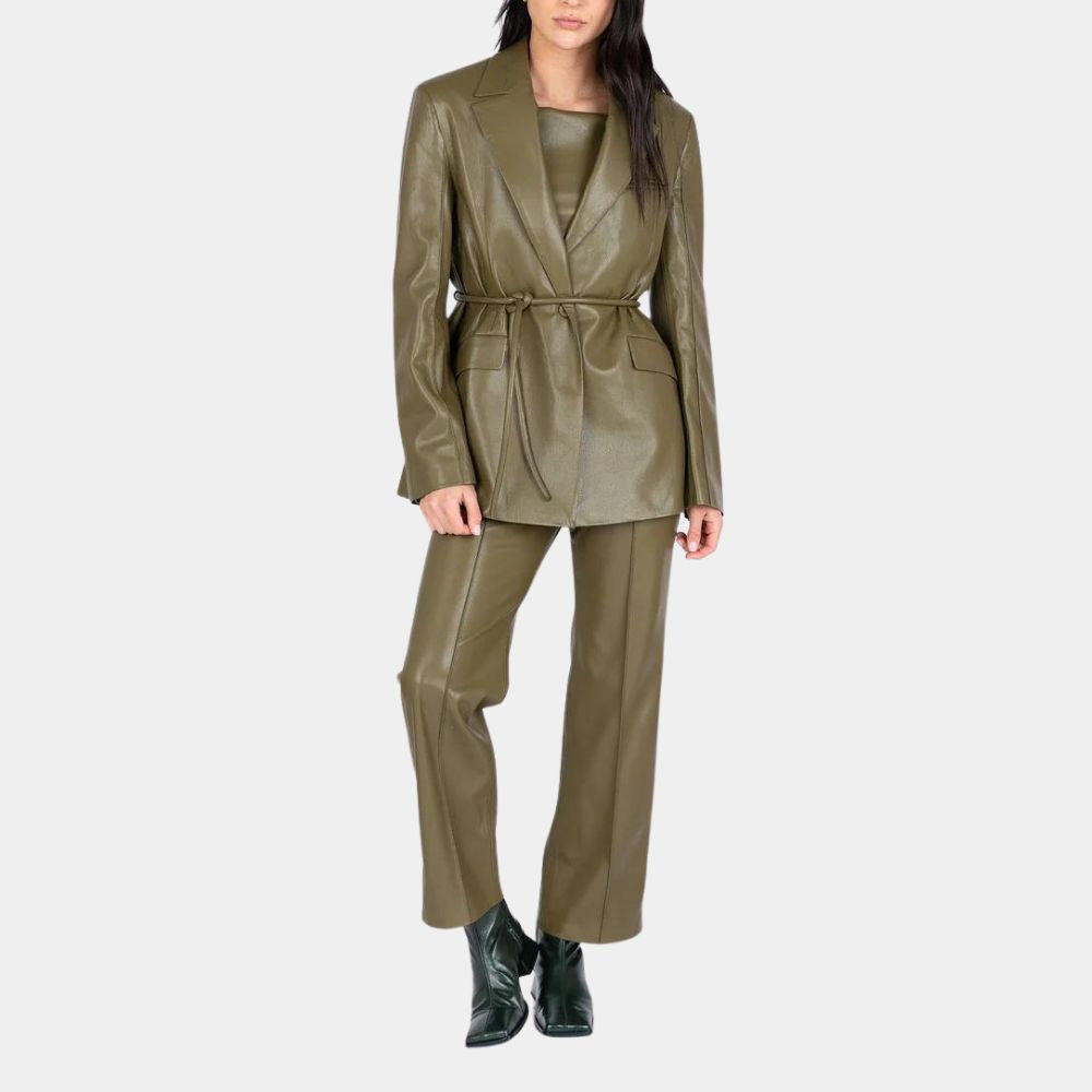 A Different Man Ingrid aka Renate Reinsve Olive Green Leather Blazer - Posture Front View 