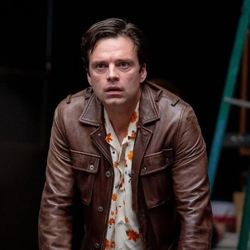 A Different Man Sebastian Stan Brown Military Style Leather Jacket - Character Front Close - Up View