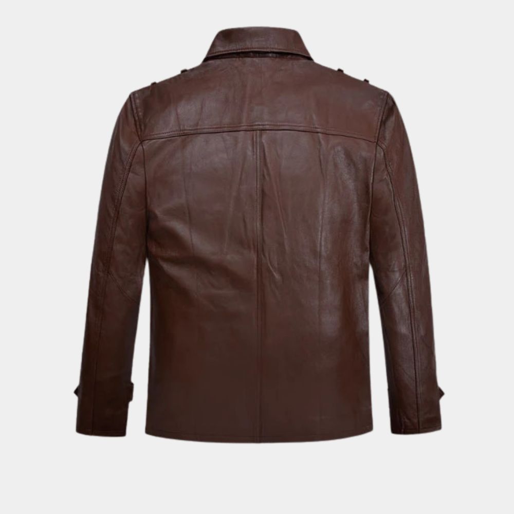 A Different Man Sebastian Stan Brown Military Style Leather Jacket - Mannequin Back View