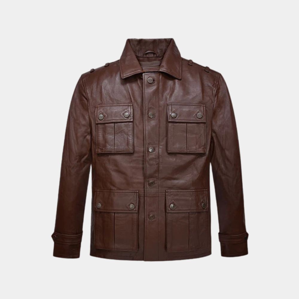 A Different Man Sebastian Stan Brown Military Style Leather Jacket - Mannequin Front View