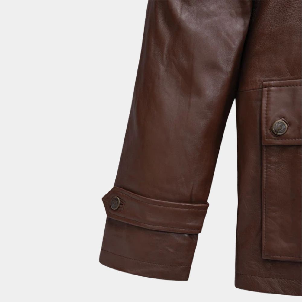 A Different Man Sebastian Stan Brown Military Style Leather Jacket - Mannequin Sleeve View