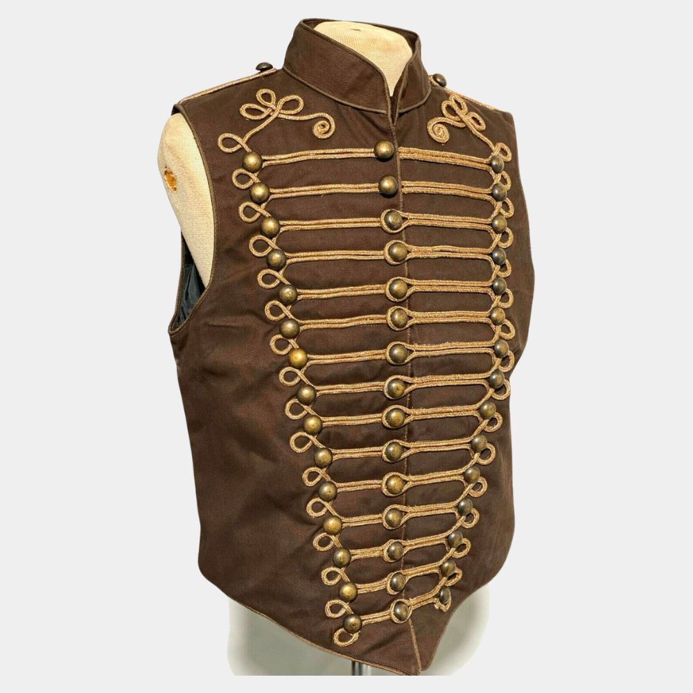 A Mad Max Saga Steampunk Military Antique Gold Braiding Hussar Waistcoat - Mannequin Front View