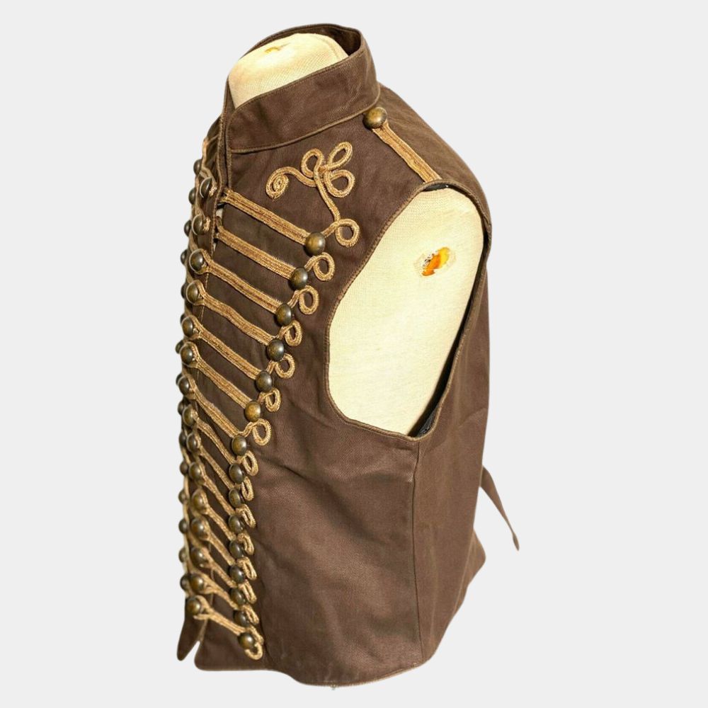 A Mad Max Saga Steampunk Military Antique Gold Braiding Hussar Waistcoat - Mannequin Side View