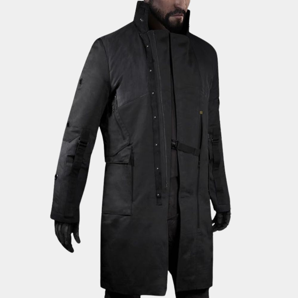 Adam Jensen  Deus Ex Mankind Divided Black Long Coat - Front Close - Up  View