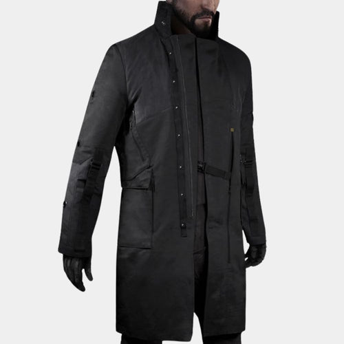 Adam Jensen  Deus Ex Mankind Divided Black Long Coat - Front Close - Up  View