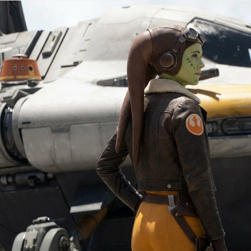Ahsoka  Star Wars Mary Elizabeth aka Hera Syndulla Brown Leather Jacket With Shearling Collar - Back View