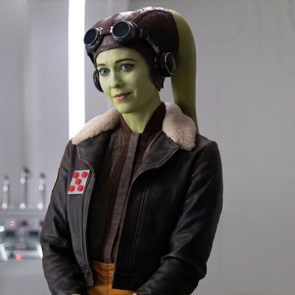 Ahsoka  Star Wars Mary Elizabeth aka Hera Syndulla Brown Leather Jacket With Shearling Collar - Front View