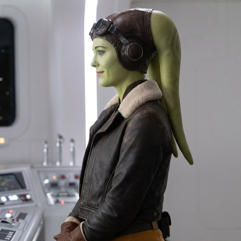 Ahsoka  Star Wars Mary Elizabeth aka Hera Syndulla Brown Leather Jacket With Shearling Collar - Side View