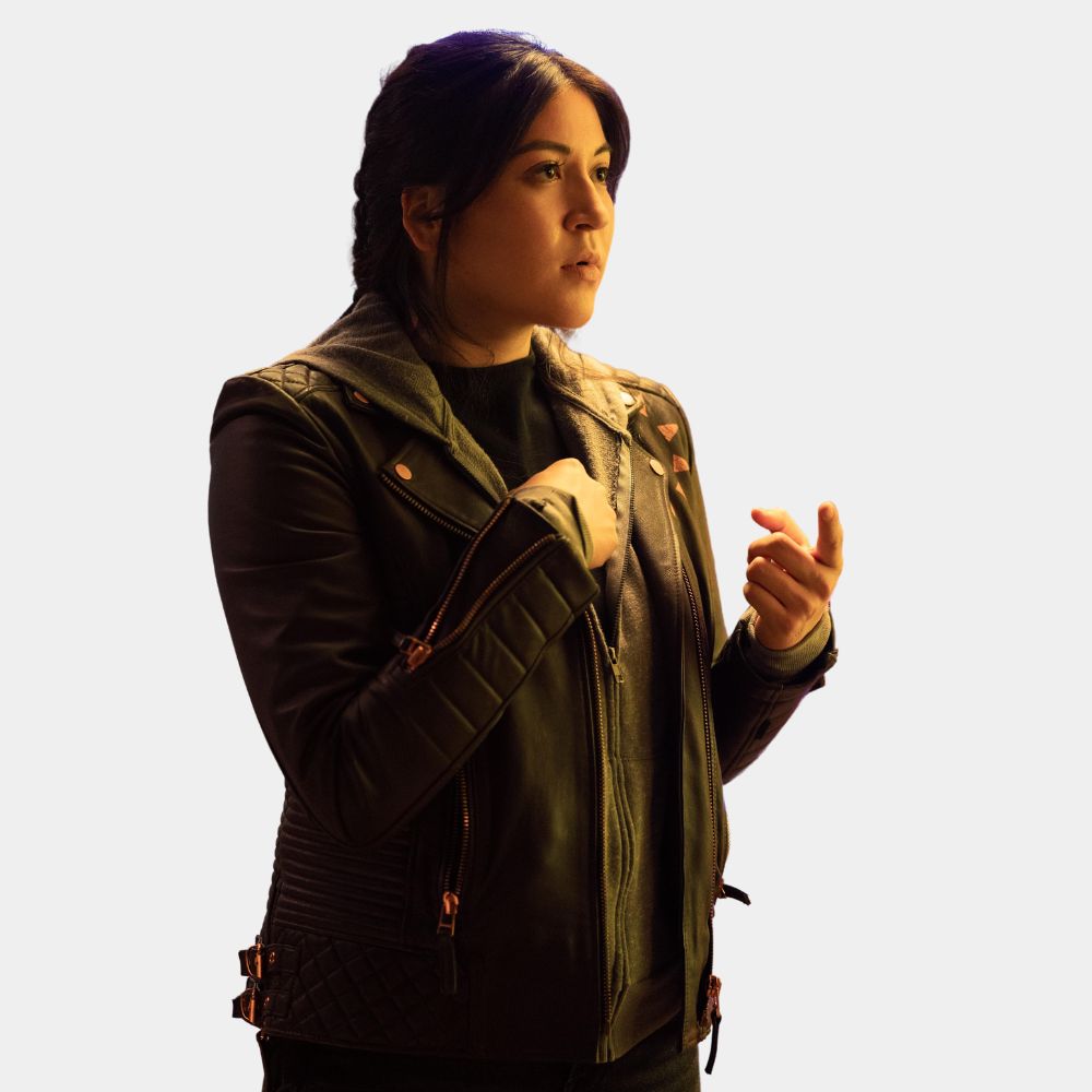 Alaqua Cox Echo aka Maya Lopez Quilted Brown Leather Biker Jacket - Character Side Posture View
