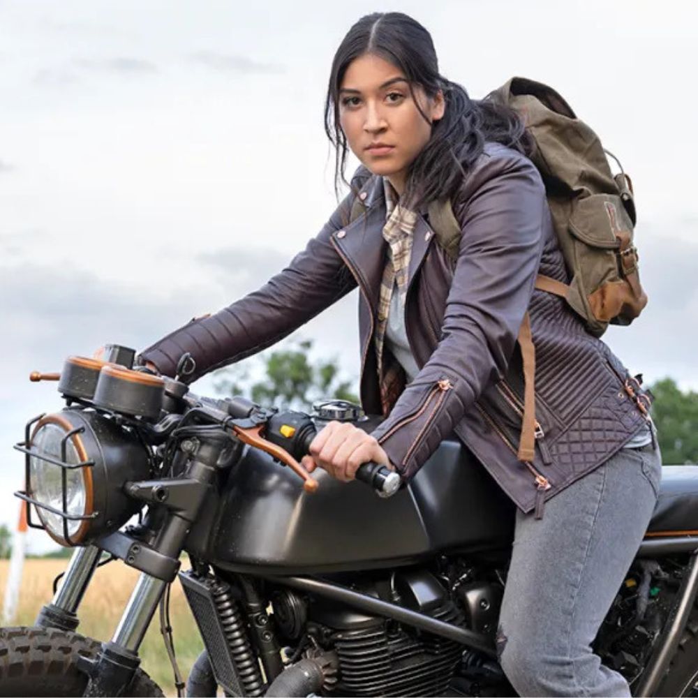Alaqua Cox Echo aka Maya Lopez Quilted Brown Leather Biker Jacket - Side View