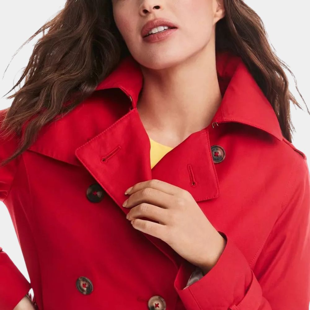 Amanda Lucas  Alice Braga Red Cotton Duster Trench Coat - Front Close - Up View
