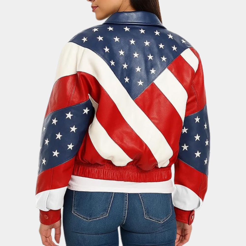 American Flag  Independence Day Michael Hoban Bomber Leather Jacket - Back View