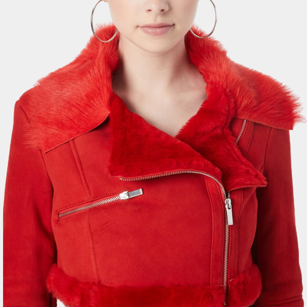 Anatalia Red Faux Fur Cropped Biker Jacket - Front Close - Up View