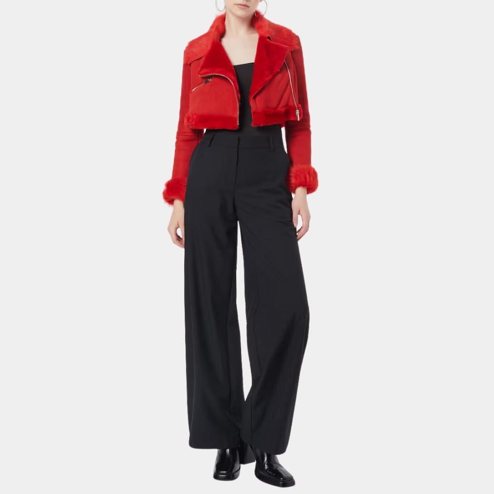 Anatalia Red Faux Fur Cropped Biker Jacket - Front Posture View