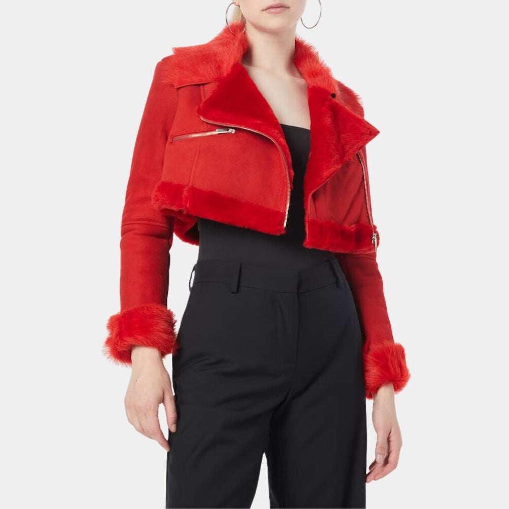 Anatalia Red Faux Fur Cropped Biker Jacket - Front View