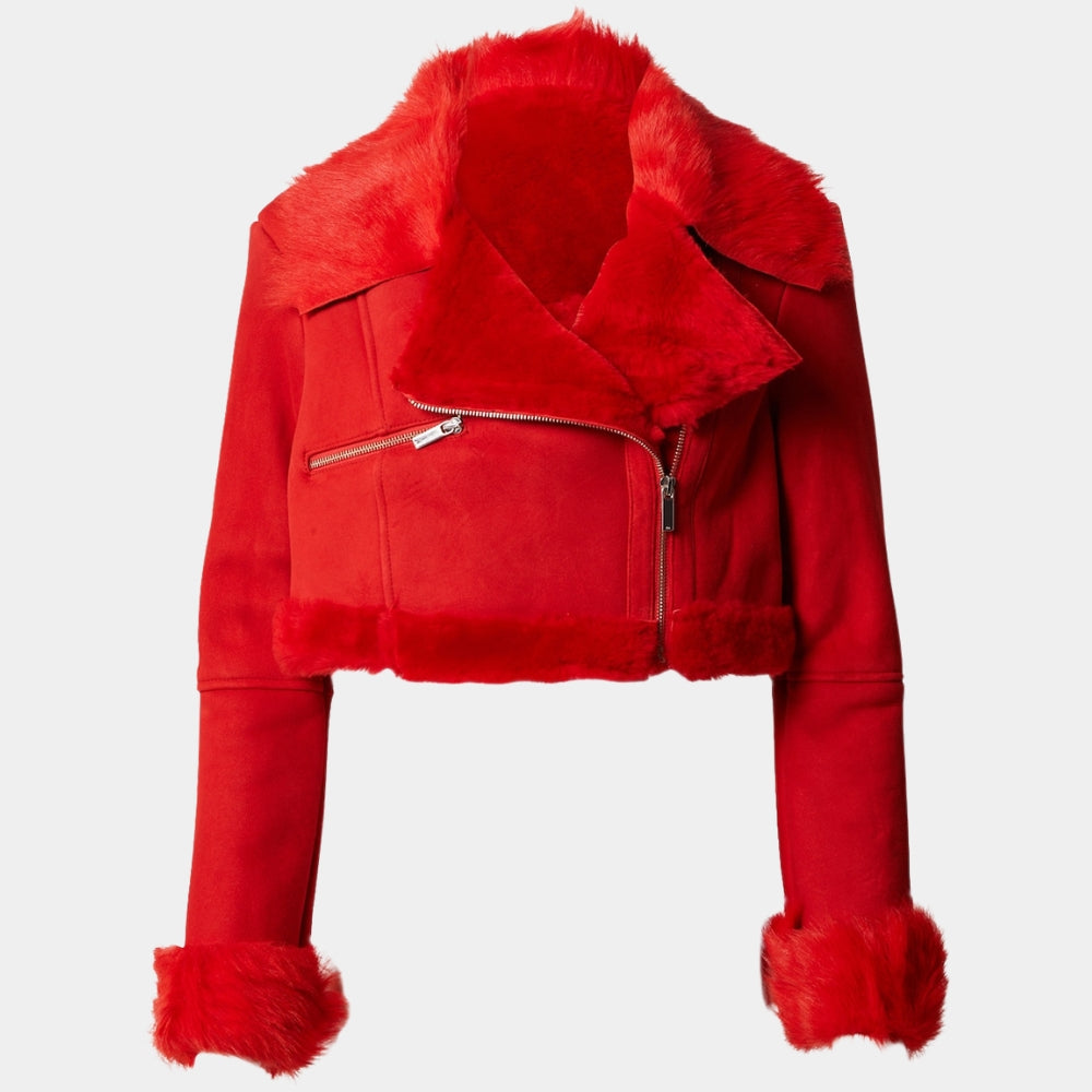 Anatalia Red Faux Fur Cropped Biker Jacket - Mannequin Front View