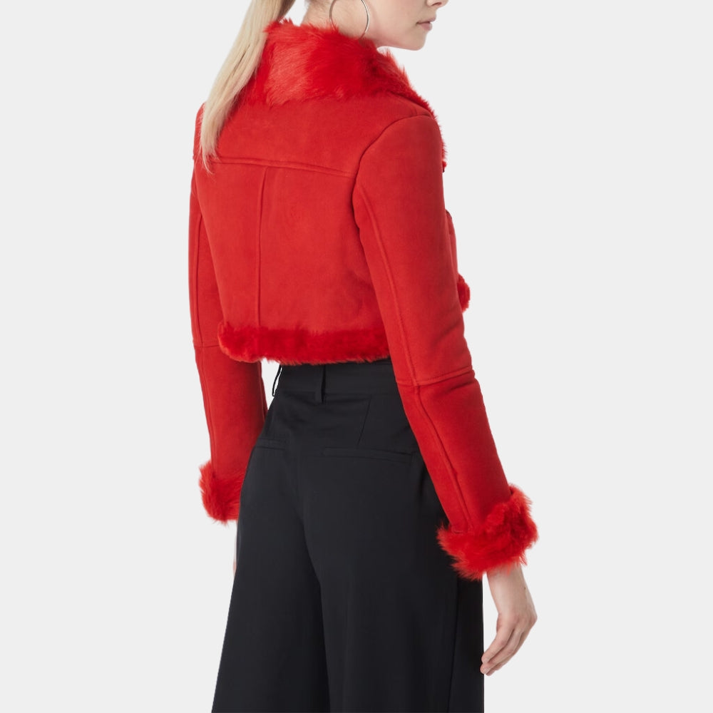 Anatalia Red Faux Fur Cropped Biker Jacket - Side View