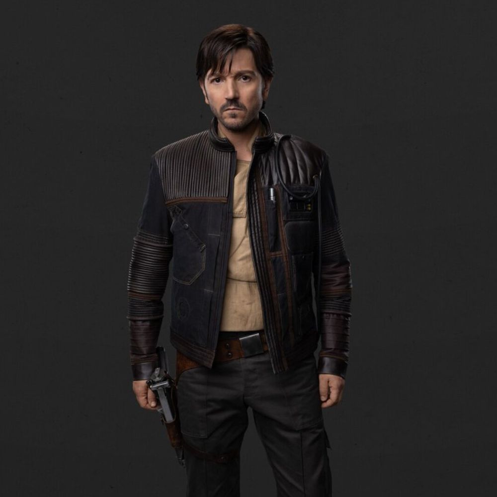 Andor Season 02  Diego Luna (Cassian Andor) Black Suede Leather Padded Jacket - Character Front View