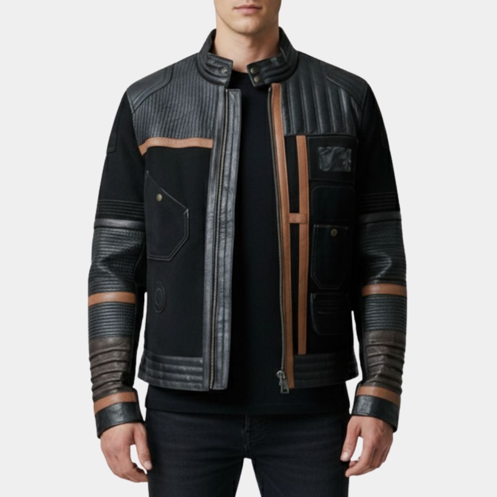 Andor Season 02  Diego Luna (Cassian Andor) Black Suede Leather Padded Jacket - Front View