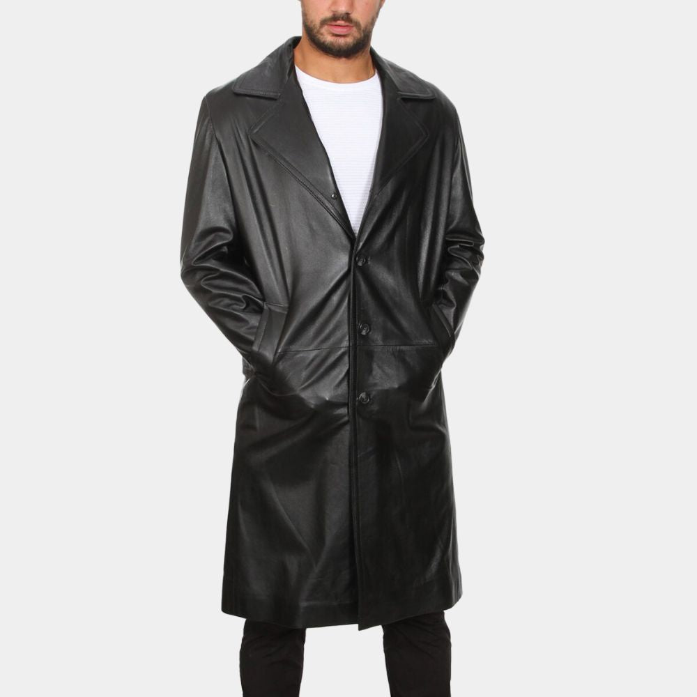 Ares  Black Leather Coat - Front Posture View