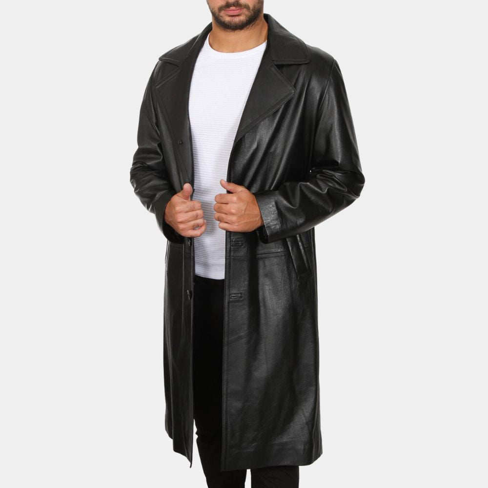 Ares  Black Leather Coat - Front View