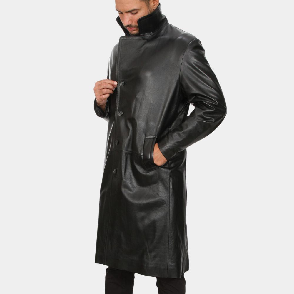 Ares  Black Leather Coat - Side Posture View