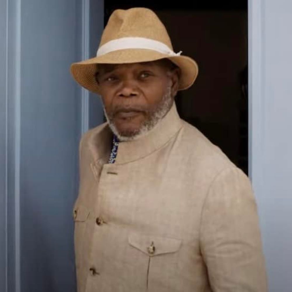Argylle Samuel L. Jackson Safari Jacket in Beige | Formal Blazer in Tropical Tweed Fabric - Character Front Posture View