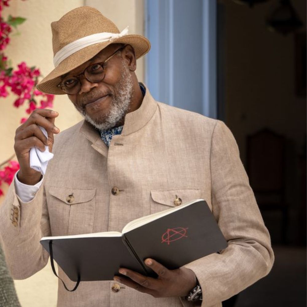 Argylle Samuel L. Jackson Safari Jacket in Beige | Formal Blazer in Tropical Tweed Fabric - Front View