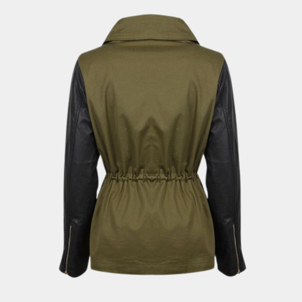 Army Green Cotton Parka Jacket with Leather Sleeves - Mannequin Back View