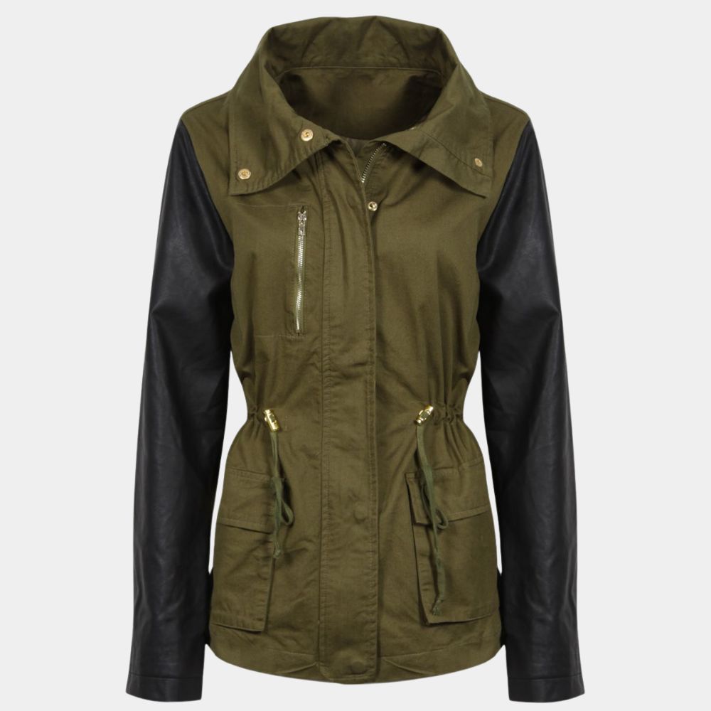 Army Green Cotton Parka Jacket with Leather Sleeves - Mannequin Front View