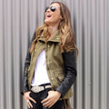 Army Green Cotton Parka Jacket with Leather Sleeves - Side Pose View