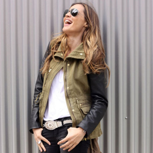 Army Green Cotton Parka Jacket with Leather Sleeves - Side Pose View