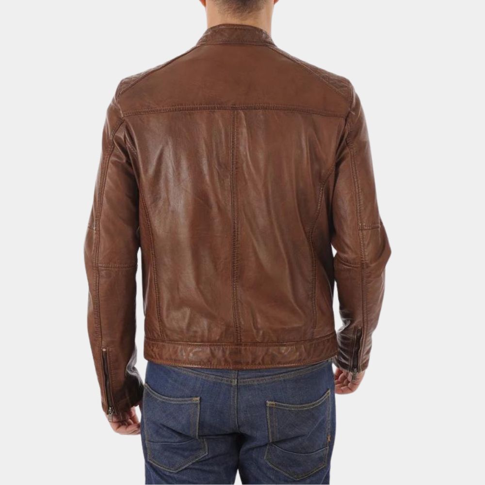 Arnold & Sly Rivals, Friends, Icons Arnold Schwarzenegger Tan Leather Jacket - Back View