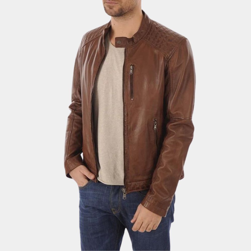 Arnold & Sly Rivals, Friends, Icons Arnold Schwarzenegger Tan Leather Jacket - Front Posture View