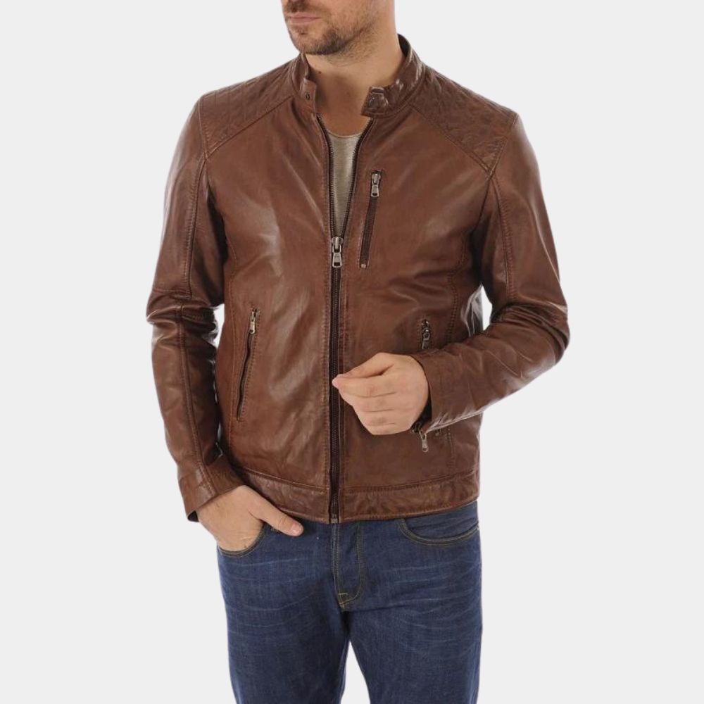 Arnold & Sly Rivals, Friends, Icons Arnold Schwarzenegger Tan Leather Jacket - Front View