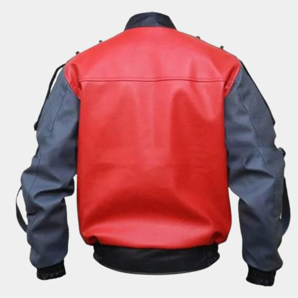 Back to the Future Marty Mcfly Red and Grey Leather Jacket - Mannequin Back View