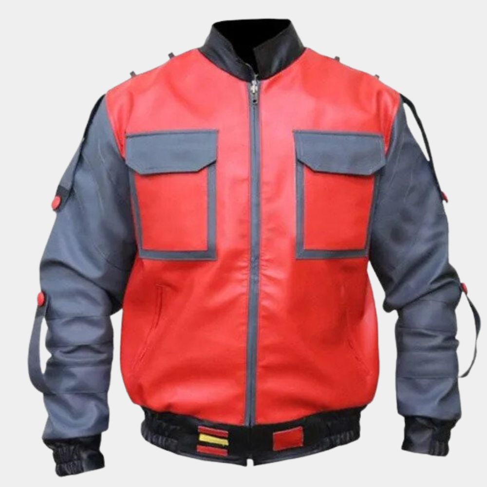 Back to the Future Marty Mcfly Red and Grey Leather Jacket - Mannequin Front View