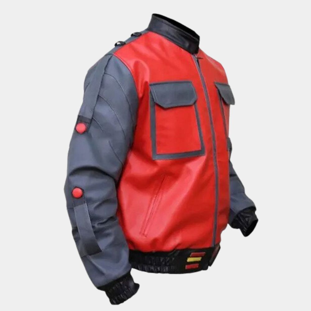 Back to the Future Marty Mcfly Red and Grey Leather Jacket - Mannequin Side View