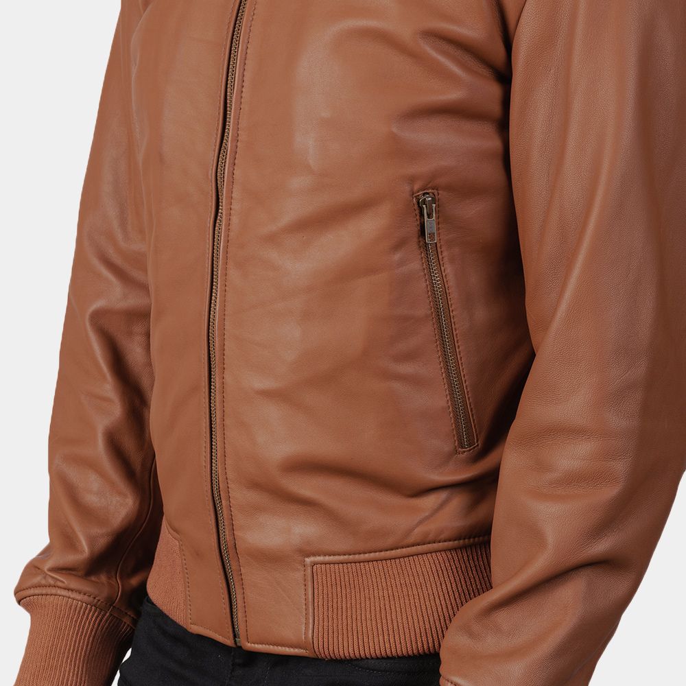 Bad Boys Ride or Die Marcus Burnett Tan Leahter Bomber Jacket - Side Close - Up View