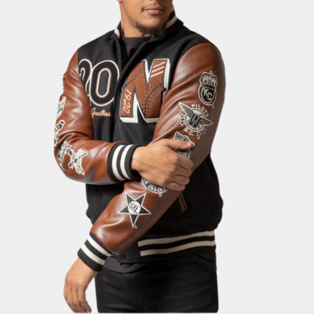 Baseball Negro League Brown Leather Sleeves Letterman Jacket - Side View