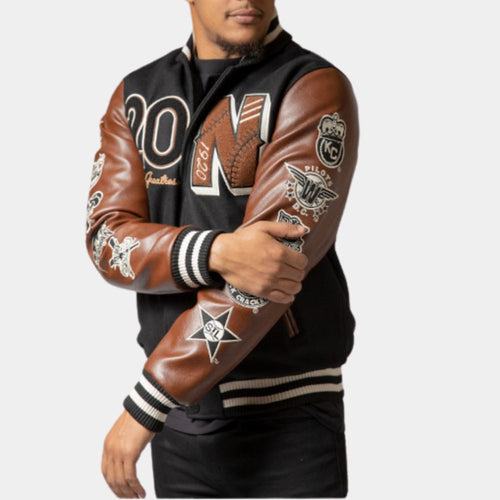 Baseball Negro League Brown Leather Sleeves Letterman Jacket - Side View