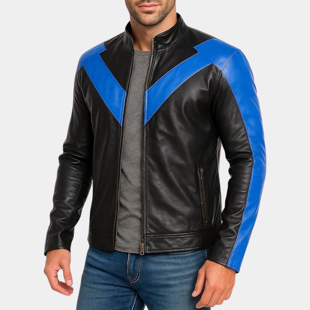 Batman  Nightwing Dick Grayson Black Leather Biker Jacket - Front View